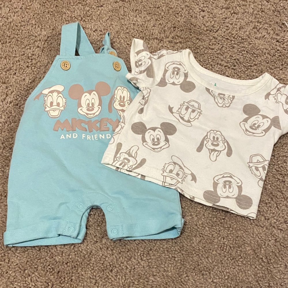 Disney Mickey Mouse Blue Overalls and White T-Shirt Set